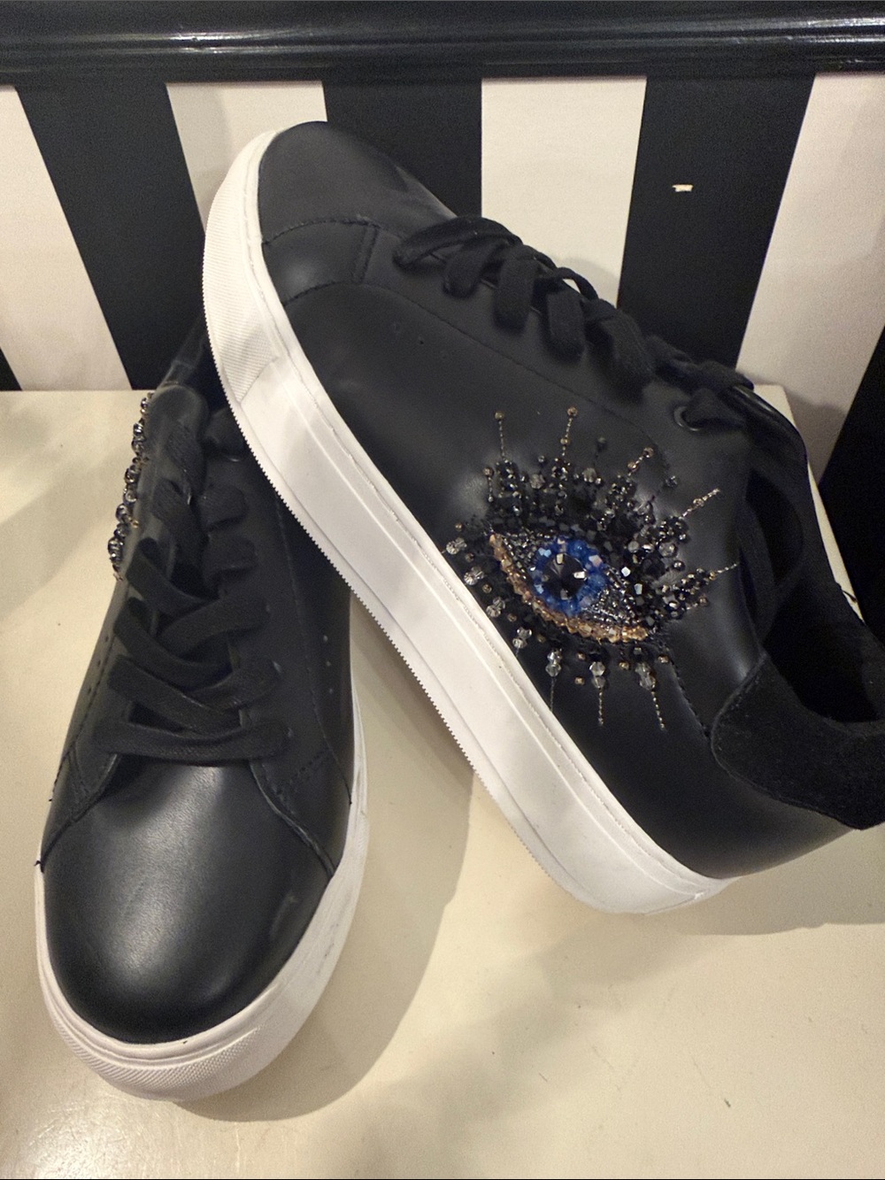Kurt Geiger Black Sneakers with Blue Jeweled Eye Detail NWOB size 9-9.5